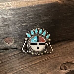 Petite Pin Zuni Stone Inlay Zia Sun Face Native American Old Pawn